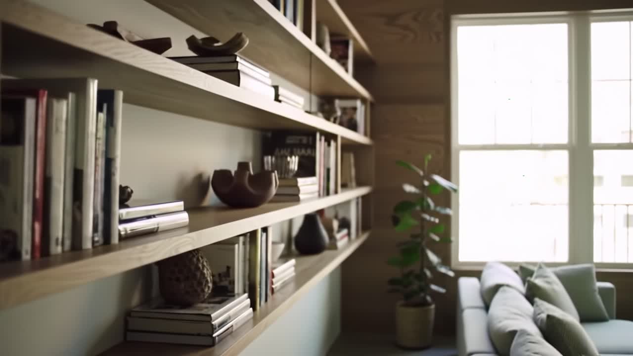 A Contemporary Living Space Featuring Minimalist Shelving with Stylish Decor and Natural Light Enhancement Through Large Windows