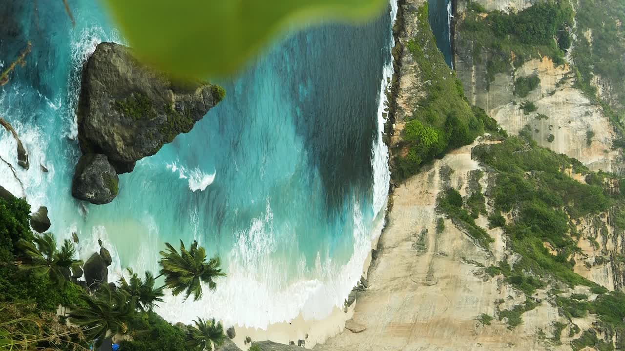 Vertical static shot overlooking the iconic Diamond Beach on the island of Nusa Penida Bali, showing waves rolling into the white sands beach with bush in the foreground