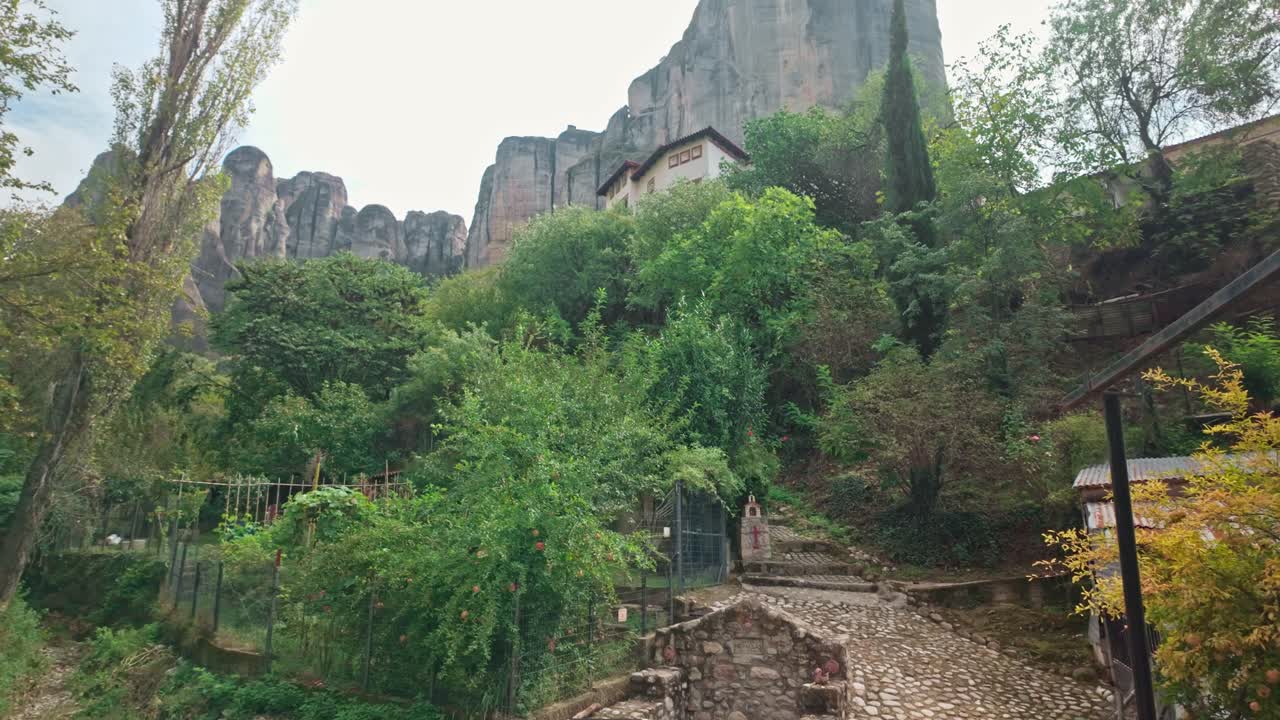 View of Meteora rock formations above Kastraki village