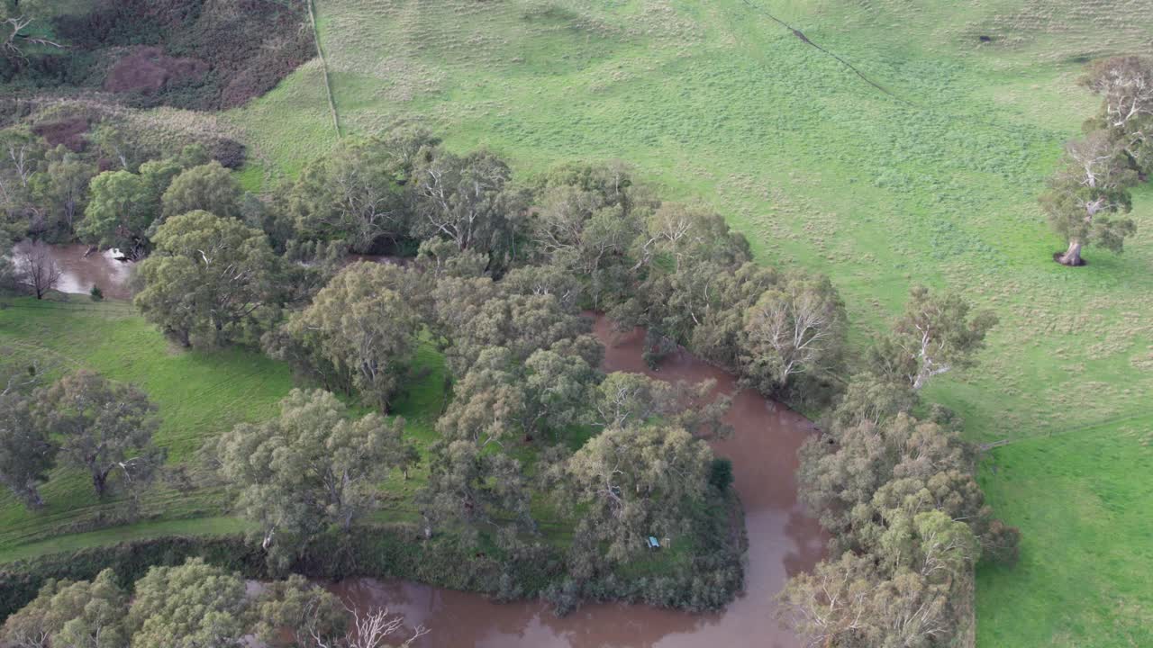 Drone view of the junction of the Glenelg and Wannon Rivers, south of Casterton, western Victoria, Australia. June 2023.