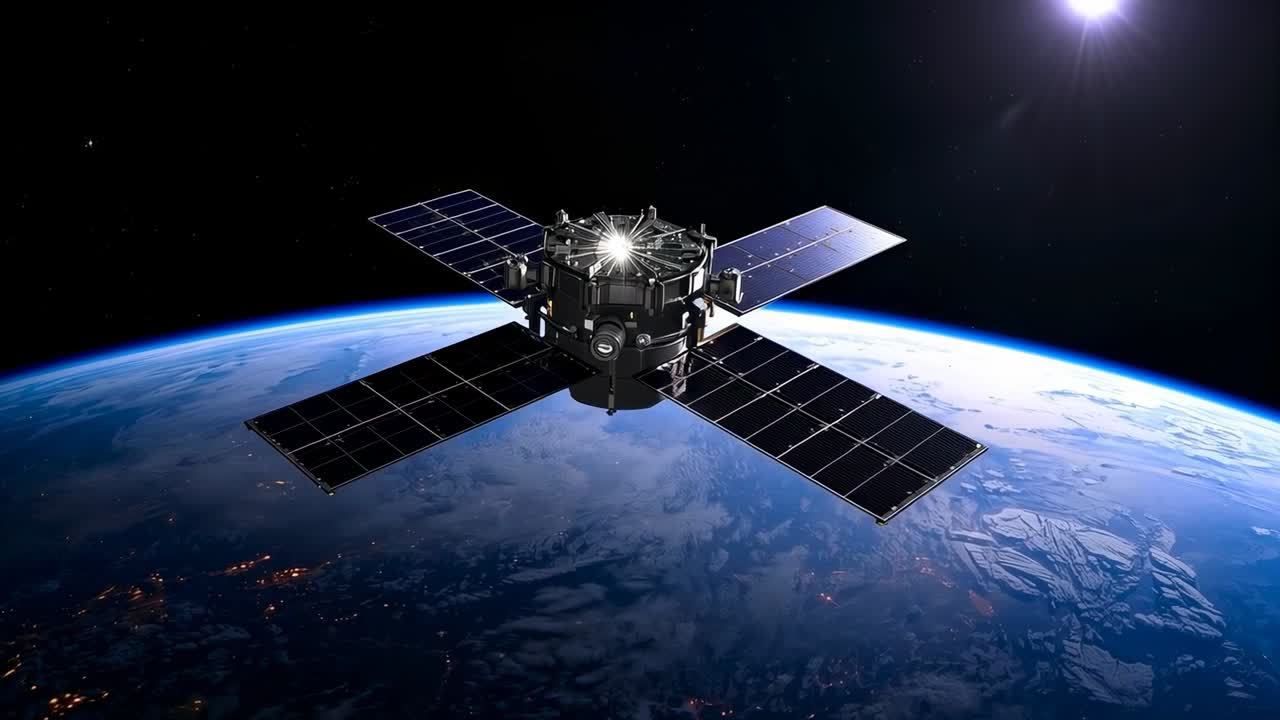 Orbiting satellite showing minor solar panel motion over Earth limb, sun glare shifting reflections