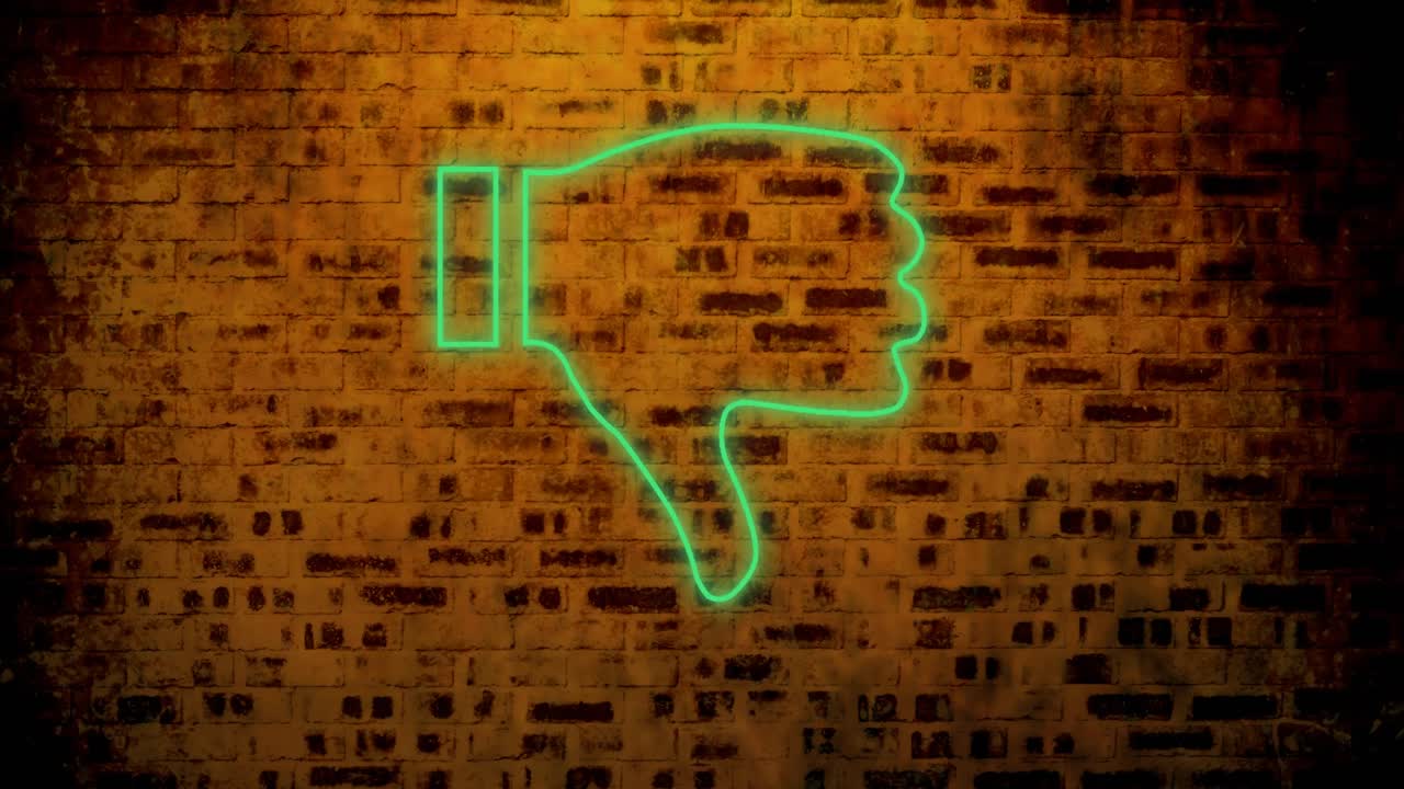 animación de pulgares de neón brillantes hacia abajo icono en la pared de ladrillo