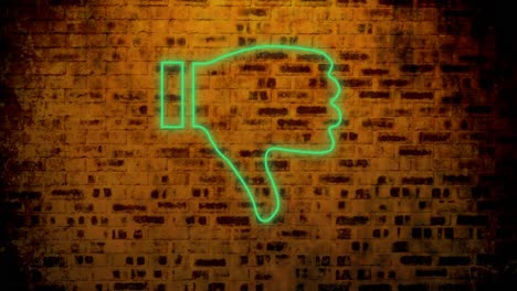 Animation-of-glowing-neon-thumbs-down-icon-on-brick-wall