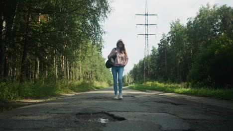 young lady walking alone on cracked tarred road lined with tall trees and overhead power lines under daylight, carrying black bag, surrounded by serene greenery