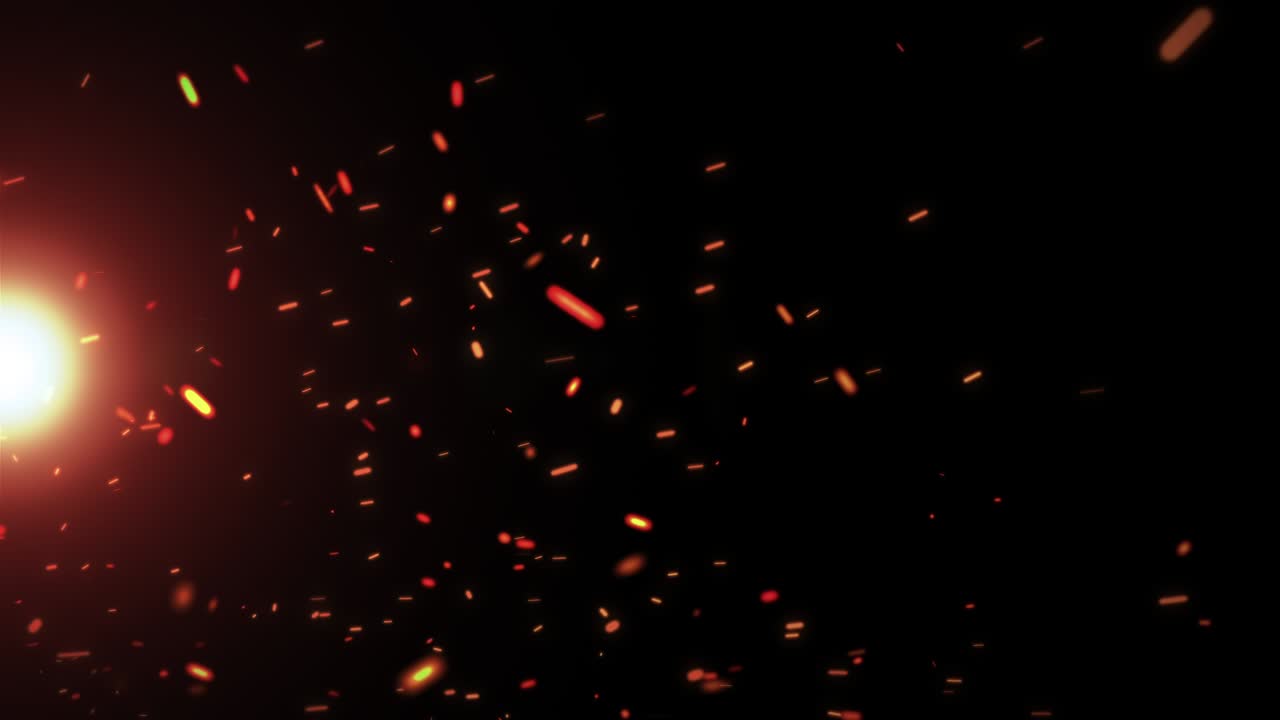 Animação de clarão de luz laranja no centro esquerdo e movimento de partículas de fogo em fundo preto. Fundo. Transição. Modelo de vazamento de luz flash em loop 4K.