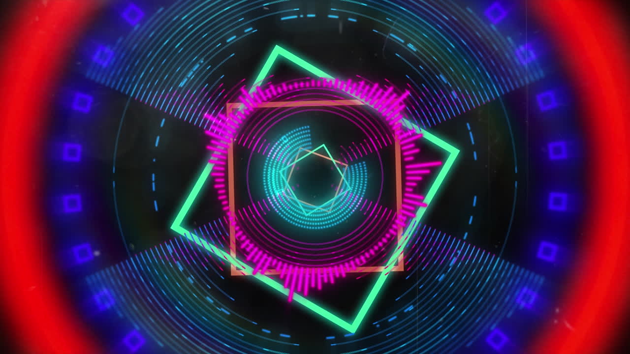 animación de formas de neón que se mueven sobre el escaneo del alcance.