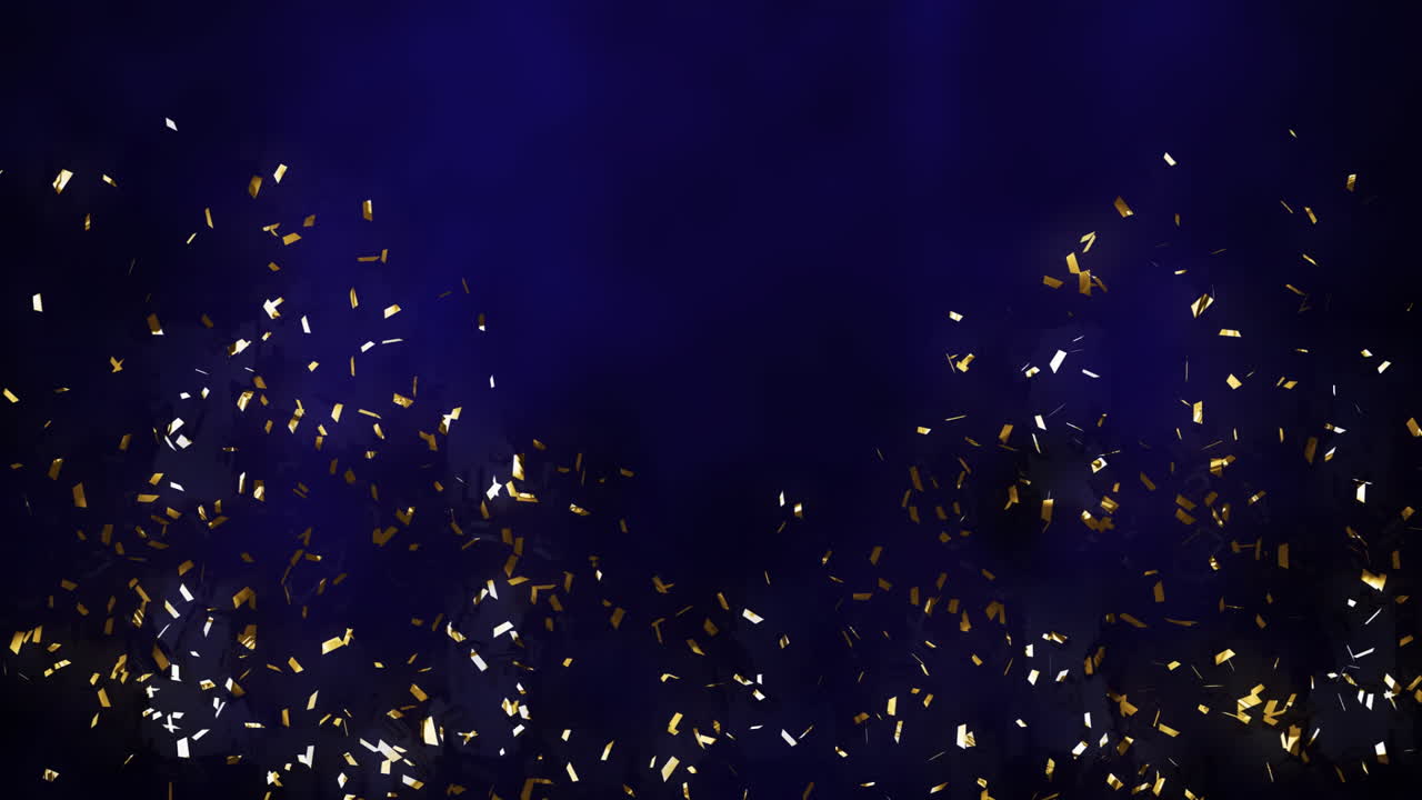 Gold and silver confetti animation over dark blue background