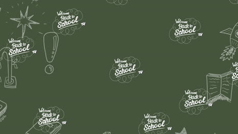animation of repeated text welcome back to school and paper plane over chalkboard with drawings