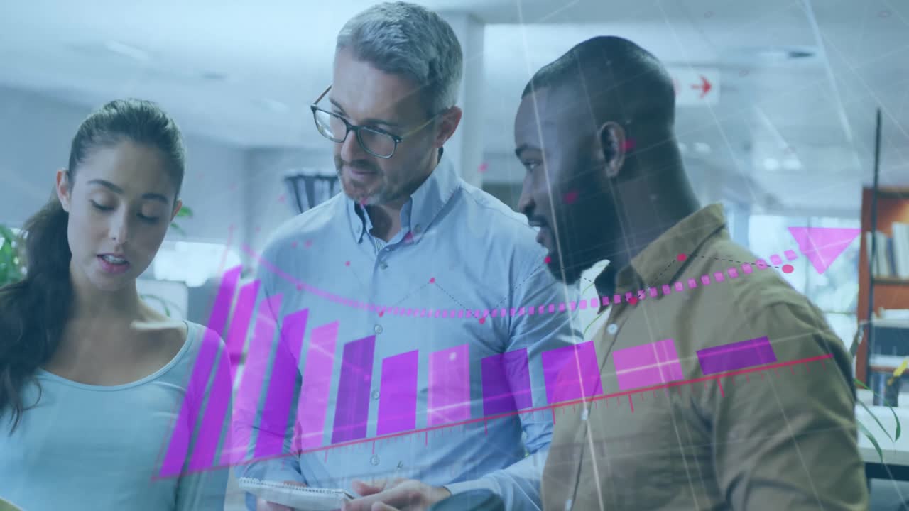 Animation of data processing over diverse business people in office