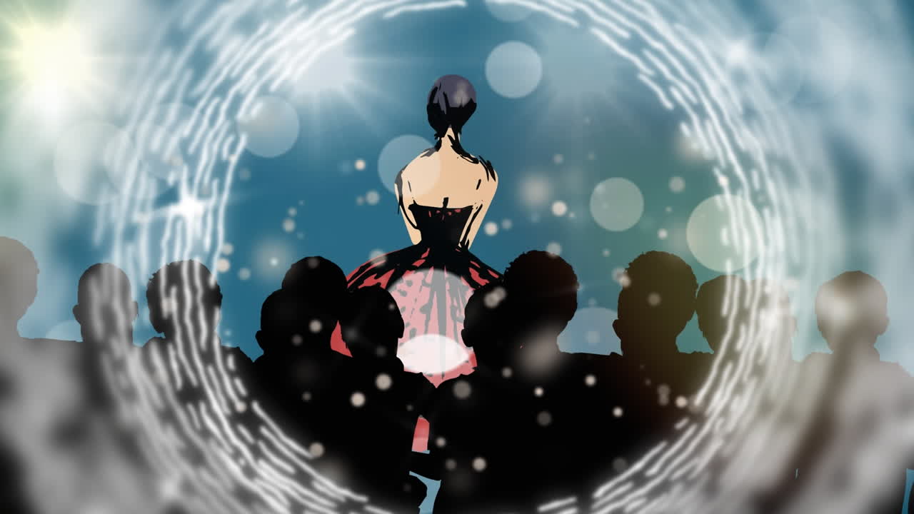 Animation of fashion drawing of model on catwalk at fashion show on blue background