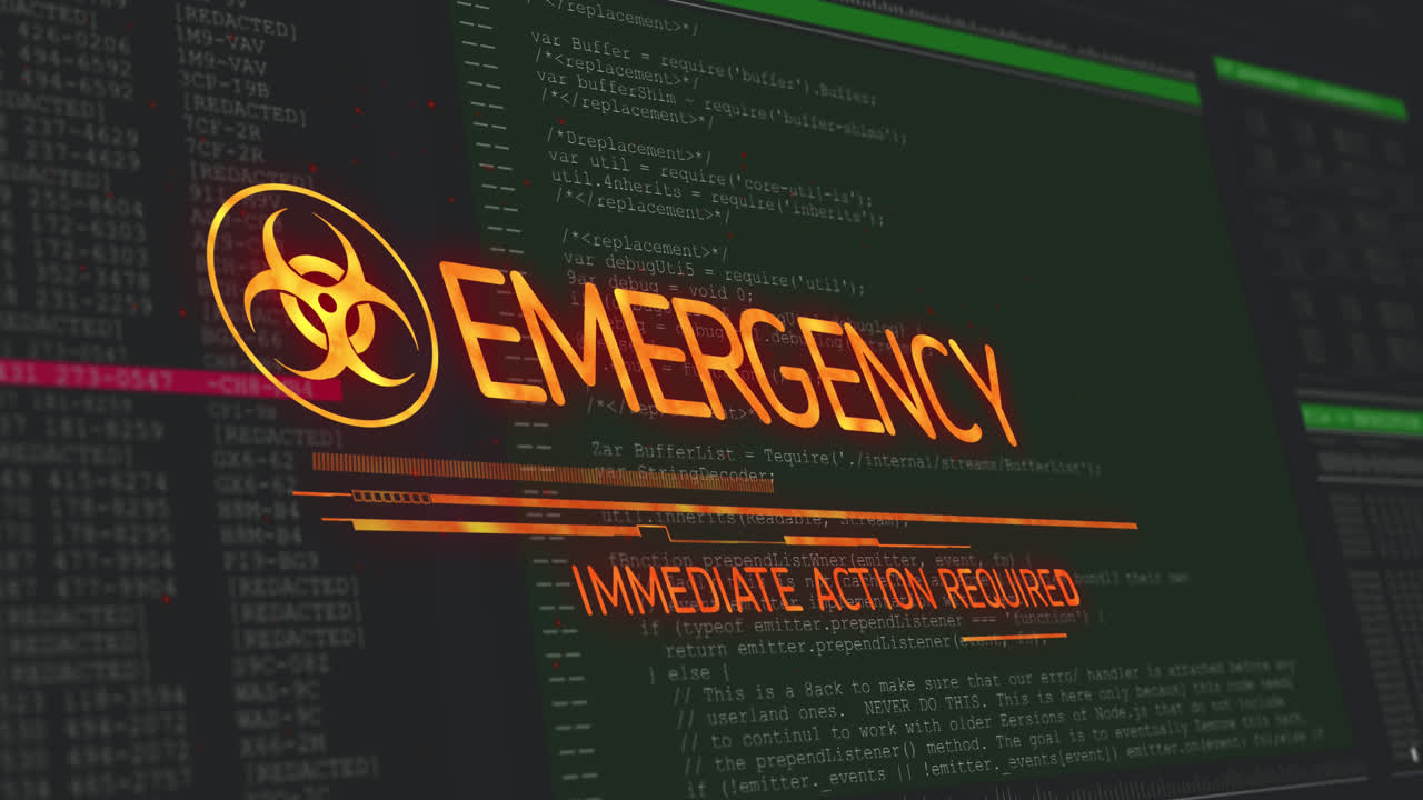 Animation of emergency text and symbol over data processing