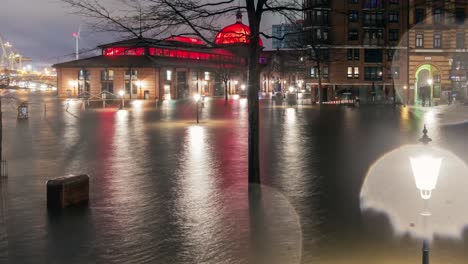 time lapse sequence of a storm surge at hamburger fischmarkt caused by hurricane zeynep