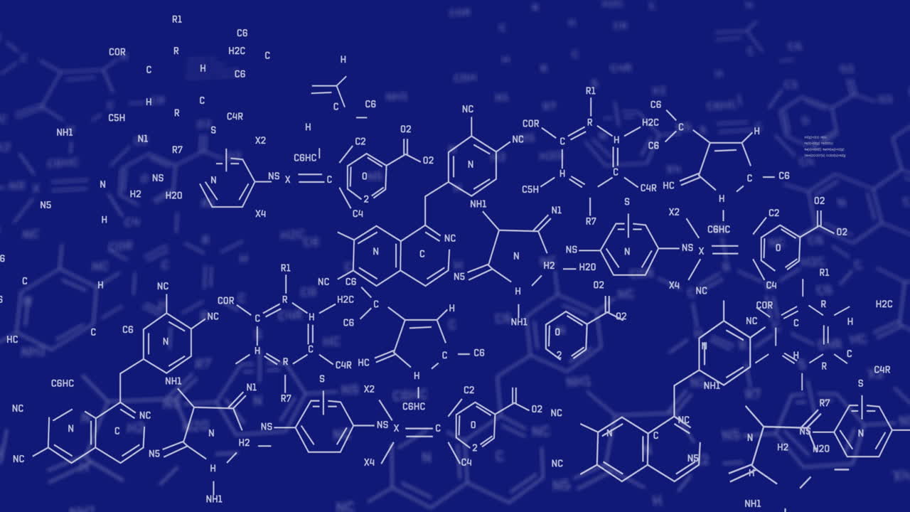 Animation of chemical structures and data processing against blue background