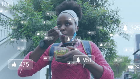 animation of media icons over african american woman having lunch