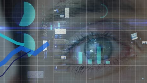 animation of statistical data processing over grid network against close up of a male eye