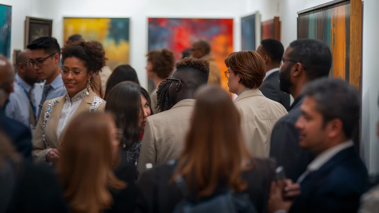 Inaugurazione della mostra in corso, visitatori in galleria che si muovono e parlano per ammirare i dipinti in giacca