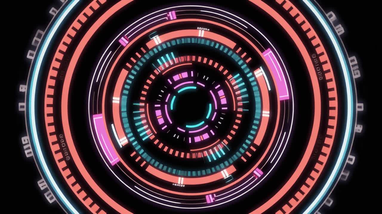 Animazione interfaccia HUD futuristica con elementi digitali rotanti