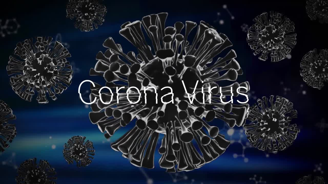 texto de coronavirus sobre células de covid-19 contra estructuras moleculares flotando en un fondo azul