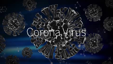 coronavirus tekst over covid-19 cellen tegen moleculaire structuren drijvend op blauwe achtergrond