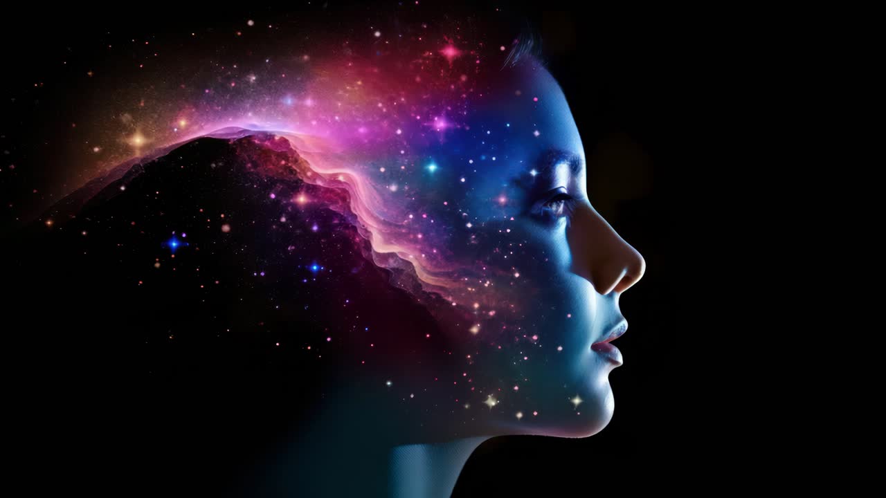 Side profile of a woman's face blended with a cosmic galaxy