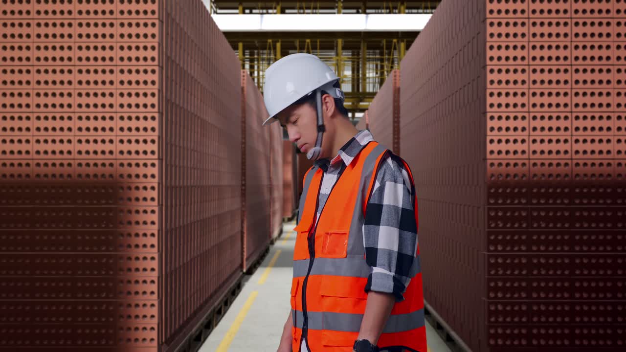 Side View Of Asian Male Engineer With Safety Helmet Having A Headache While Working With Red Brick Packed in Stacks Are Stored