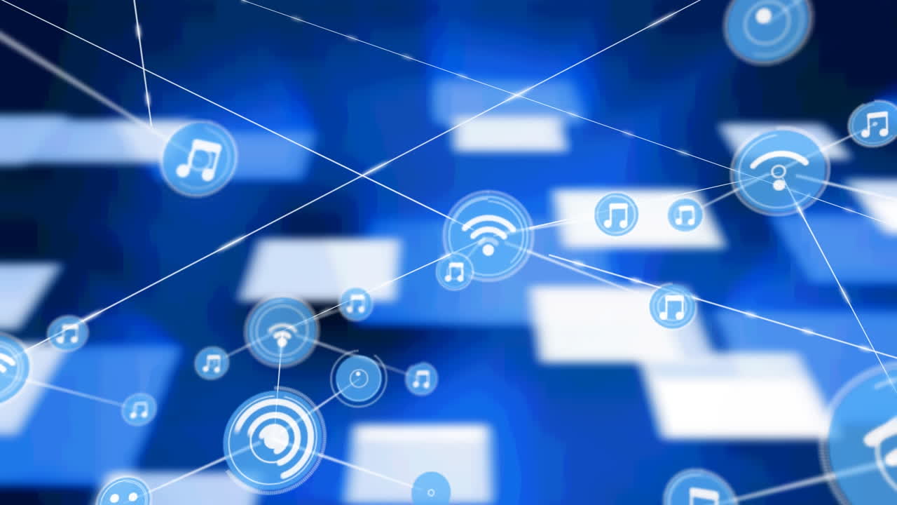 animación de redes de conexiones con iconos sobre formas azules sobre fondo negro