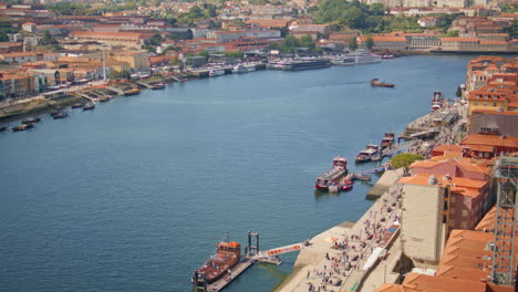 calm cityscape river view panoramic shot. ship floating water recreation area
