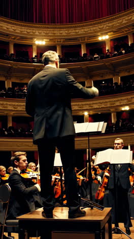 orchestra conductor leading a performance in a grand concert hall