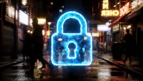 a glowing digital lock symbolizing cybersecurity and protection in an urban nightscape, highlighting modern safeguards in a vibrant city environment