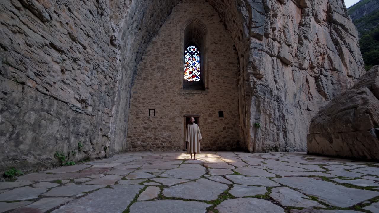 Individual in flowing garment stands in a stone chamber, illuminated by stained glass, showcasing the serene atmosphere and architectural beauty of the scene