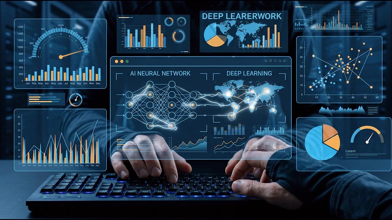 Person typing on laptop with digital AI and deep learning data visualization overlay, neural network graphics and charts in workspace