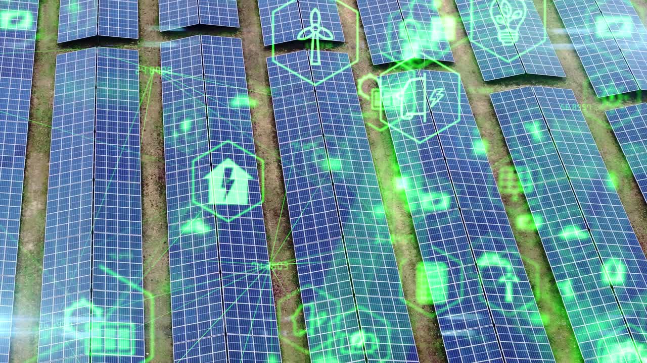 High-tech renewable solar panels with animated holograms of green energy, 4K