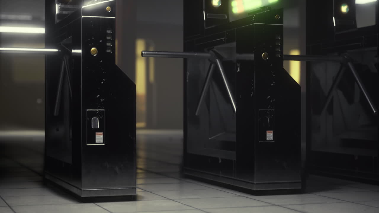Turnstiles guide entry into a modern transit station at night
