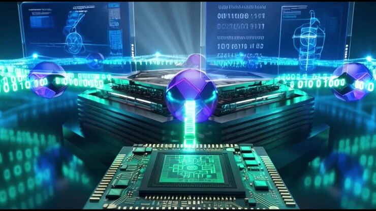 Digital Processor Chip Processing Data with Futuristic Holographic Interface