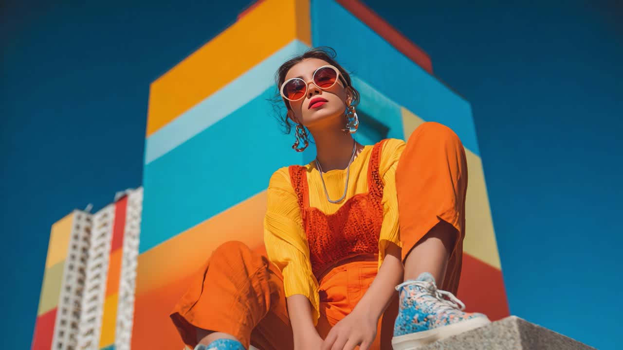 A Fashionable Young Woman Poses Confidently Against a Vibrantly Colored Architectural Background, Showcasing a Unique Style with Bold Fashion Choices and Striking Accessories Under a Clear Blue Sky