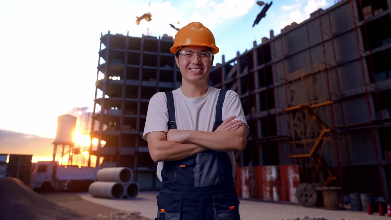 un trabajador asiático cruza los brazos en un sitio de construcción.