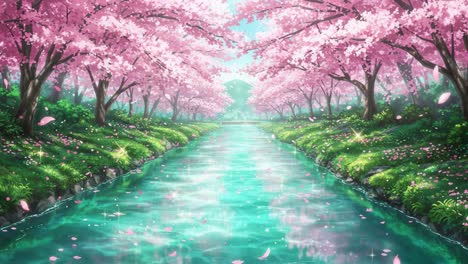 a serene river flanked by majestic cherry blossom trees in full bloom, with vibrant colors and sparkling reflections creating a dreamlike atmosphere