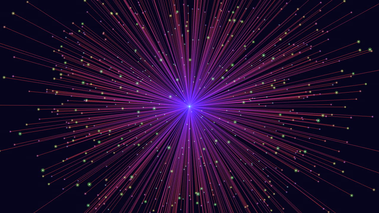 Futuristic abstract footage of a radiant particle explosion with neon streaks and floating dots on a dark background, ideal for technology, science, and data visuals