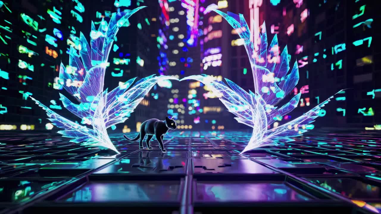 Black Cat in a Cyberpunk City with Glowing Wings