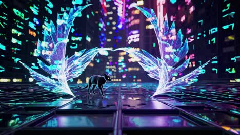 black cat in a cyberpunk city with glowing wings