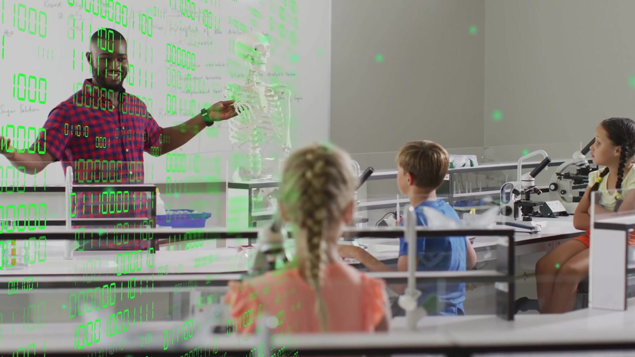 Teacher pointing skeleton students watching microscopes science green binary overlay drifting left