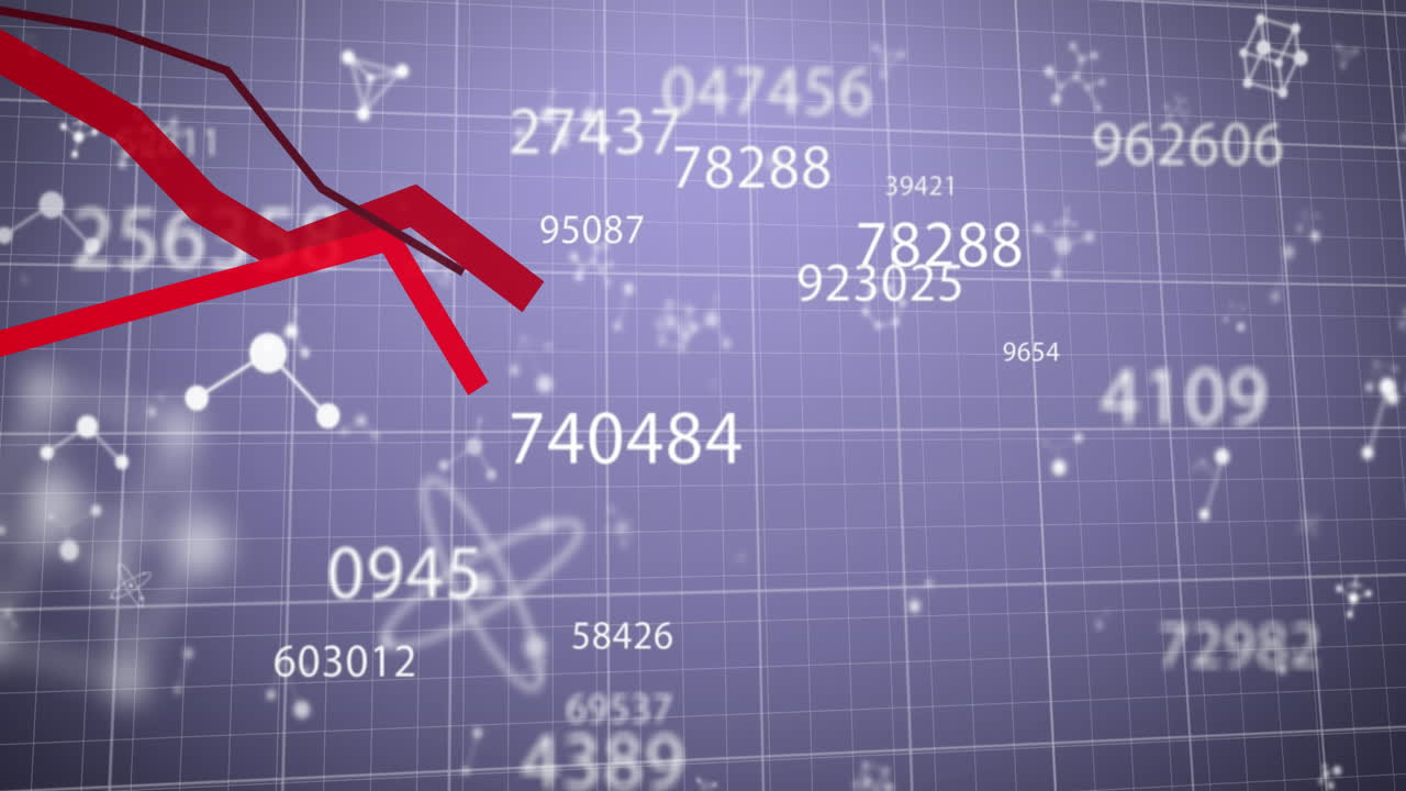 통계 데이터 처리의 애니메이션, 변하는 숫자, 보라색 배경에 분자 구조