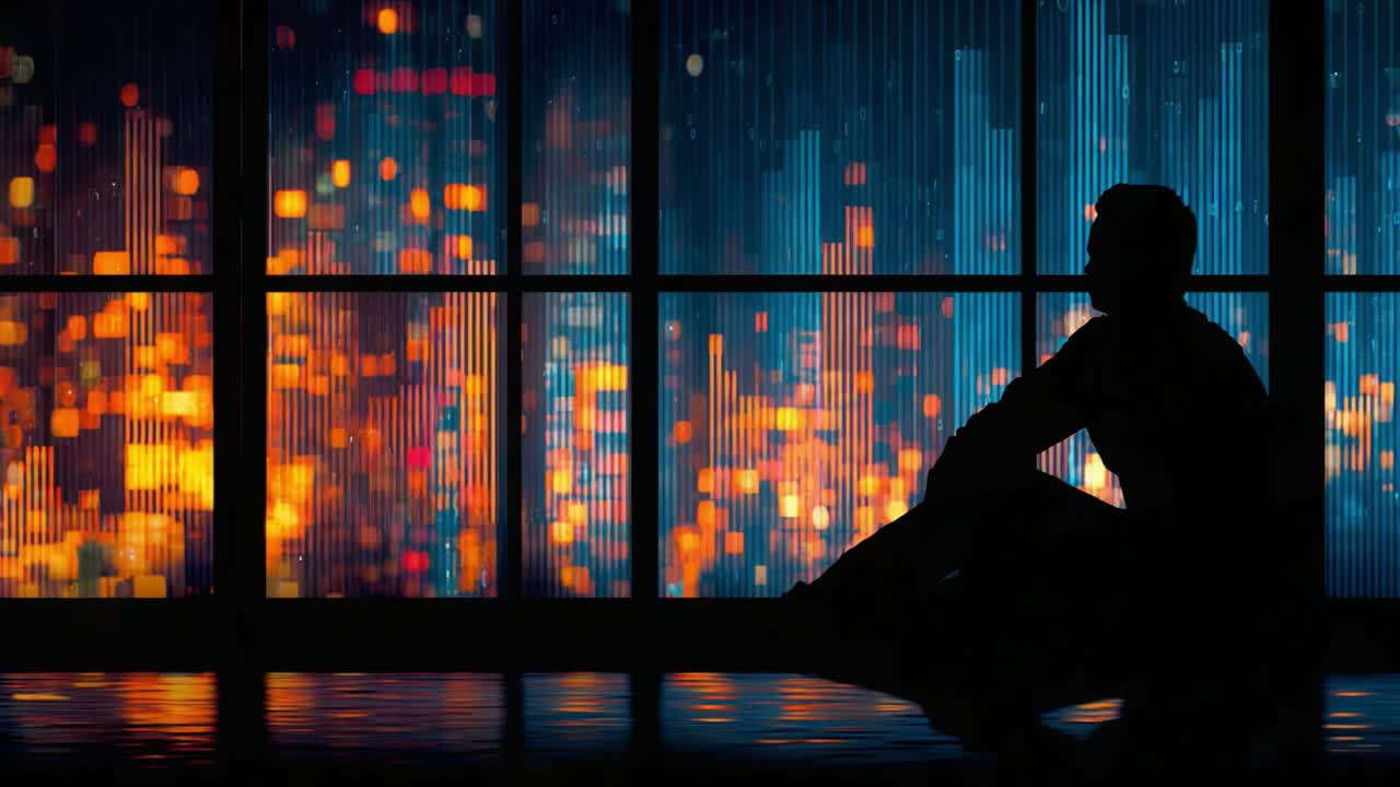 A Contemplative Figure Silhouetted Against a Dynamic Cityscape, Reflecting on Life Amidst Vibrant Colors and Soft Lighting from Outside Windows