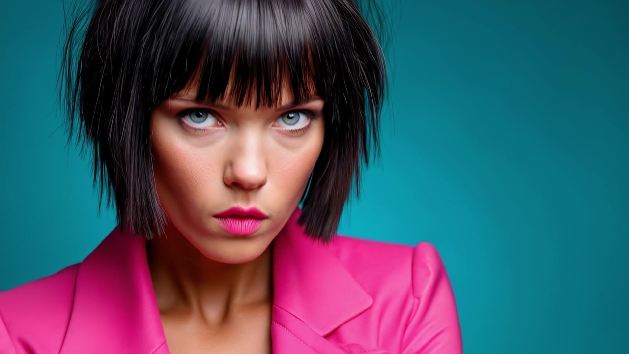 Confident young woman with a short bob haircut changing from a scowl to a bright smile