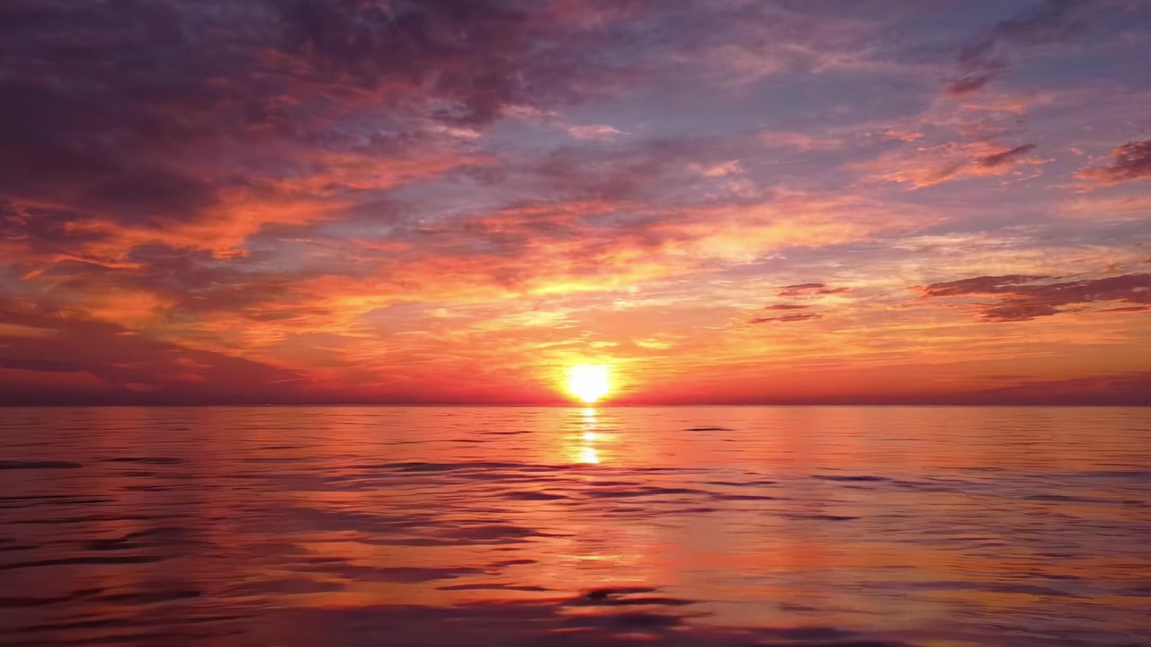 Breathtaking Sunset Over Tranquil Water: An Exquisite Display of Nature's Beauty with Vivid Colors Reflecting on the Calm Ocean Surface