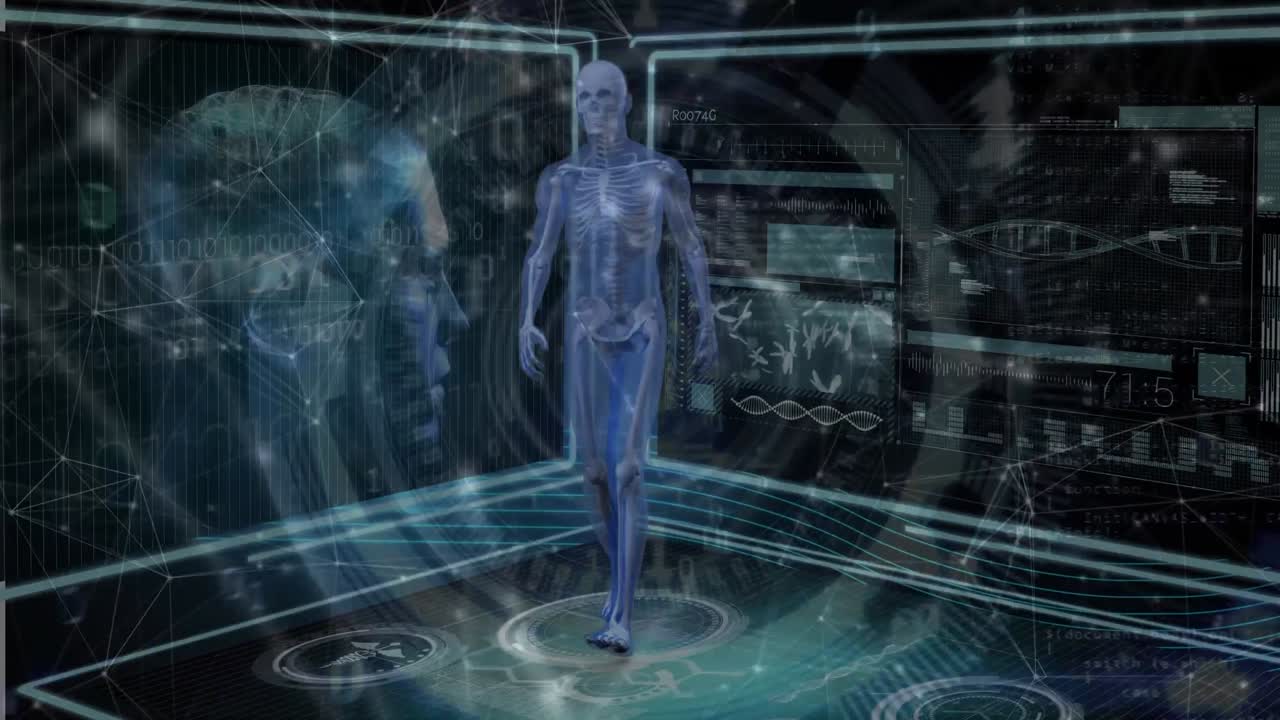 Animation of dna strand spinning over human body, scientific data processing on blue background