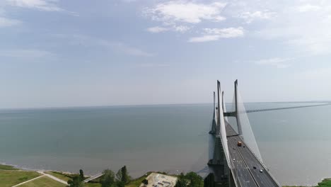 Aerial-view-of-Vasco-da-Gama-bridge-in-Lisbon,-Portugal