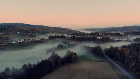 Antenne-über-Straße,-Die-Durch-Nebliges-Ackerland-In-Der-Nähe-Von-Bollebyggd,-Schweden,-Schneidet