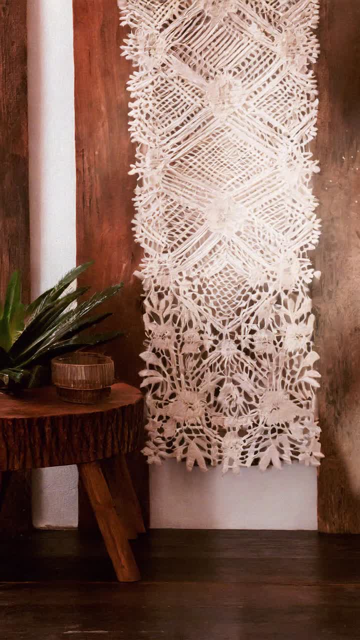 Tapiz bohemio de macramé con planta y mesa de madera