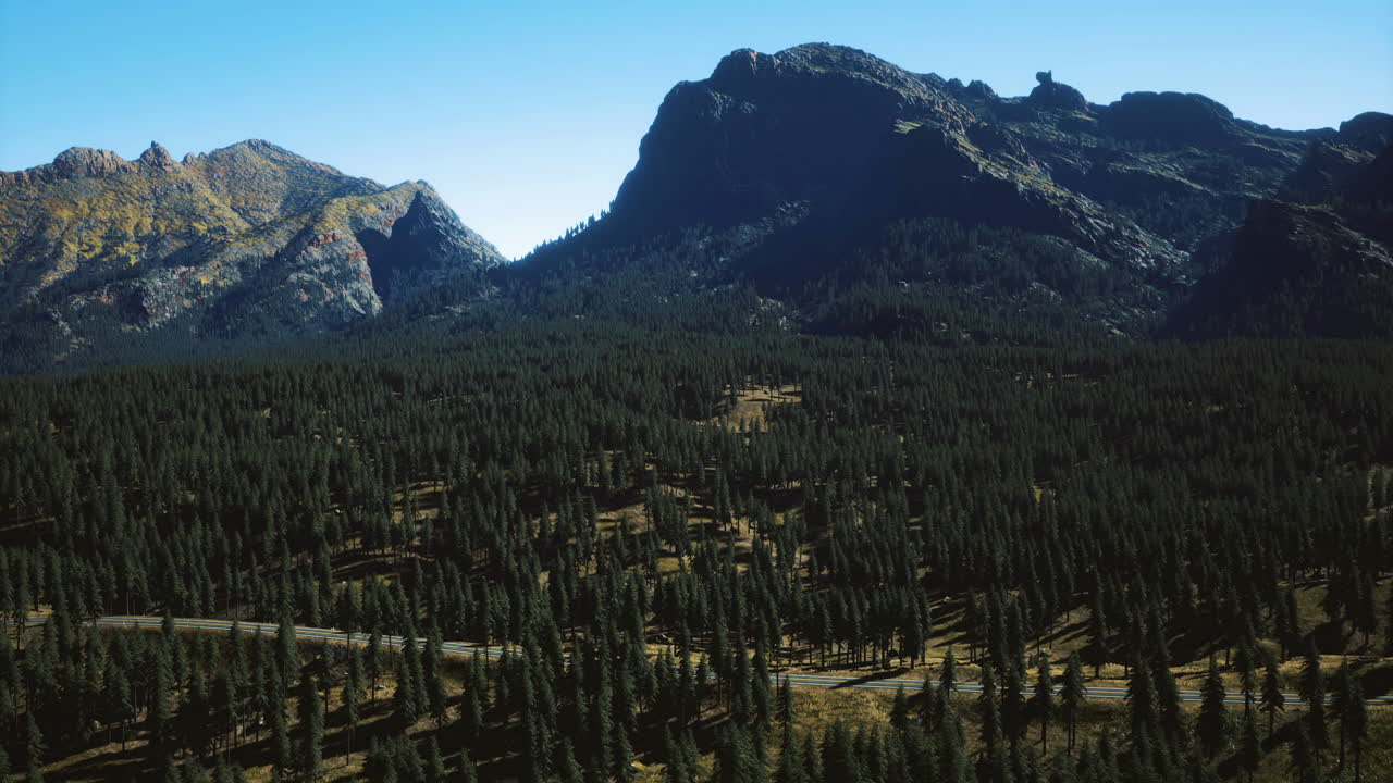 Majestic mountain landscape with pine trees under clear blue sky